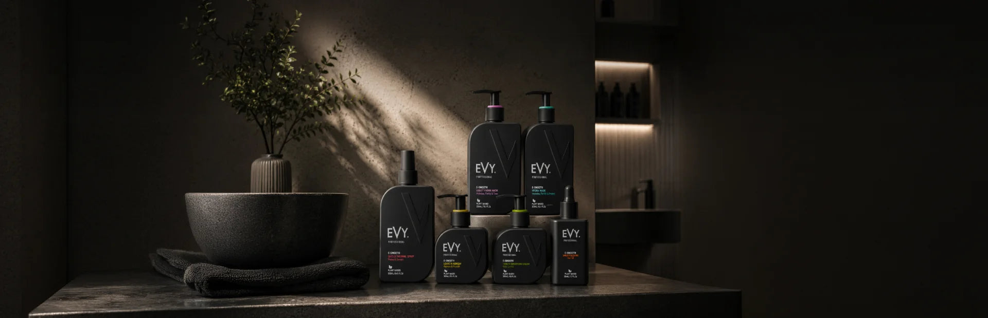 EVY Professional E-Smooth plant-based hair smoothing system – full product range including shampoo, conditioner, treatment and styling products